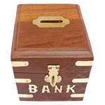 Indian Glance Wooden Carving Safe Coin Bank Mone-3