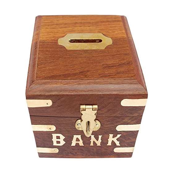 Indian Glance Wooden Carving Safe Coin Bank Mone-3