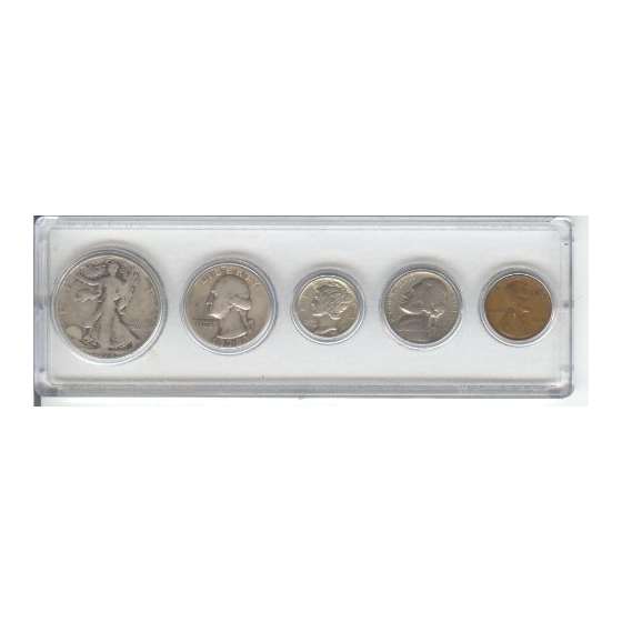 1938 BIRTH YEAR COIN SET- 5 COINS- HALF DOLLAR, QU