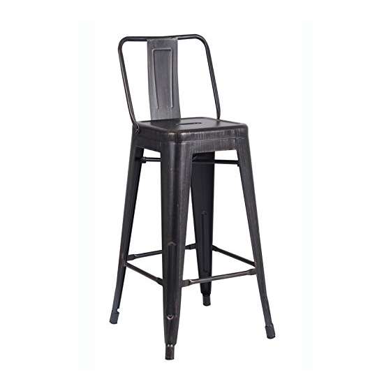 Distressed Metal Barstool With Back, Black, 30 -In