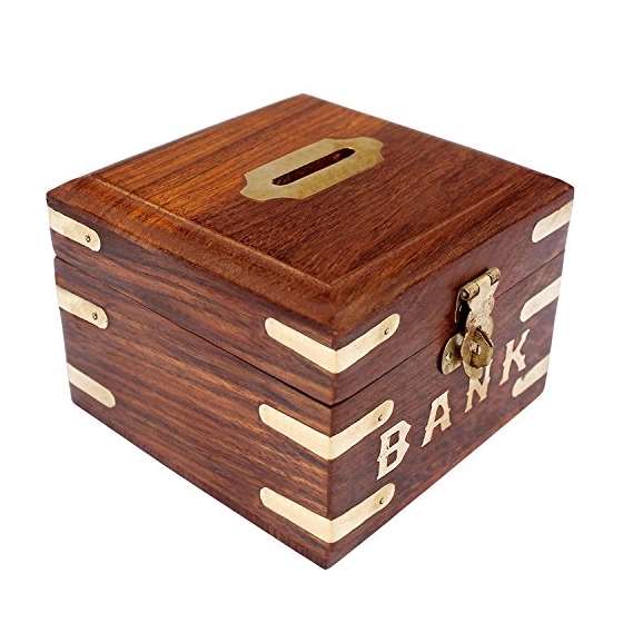 Indian Glance Wooden Carving Safe Coin Bank Money