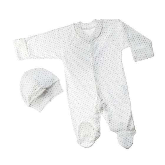 Ultra Soft Turkish Cotton Grey Dot Footie And Hat.